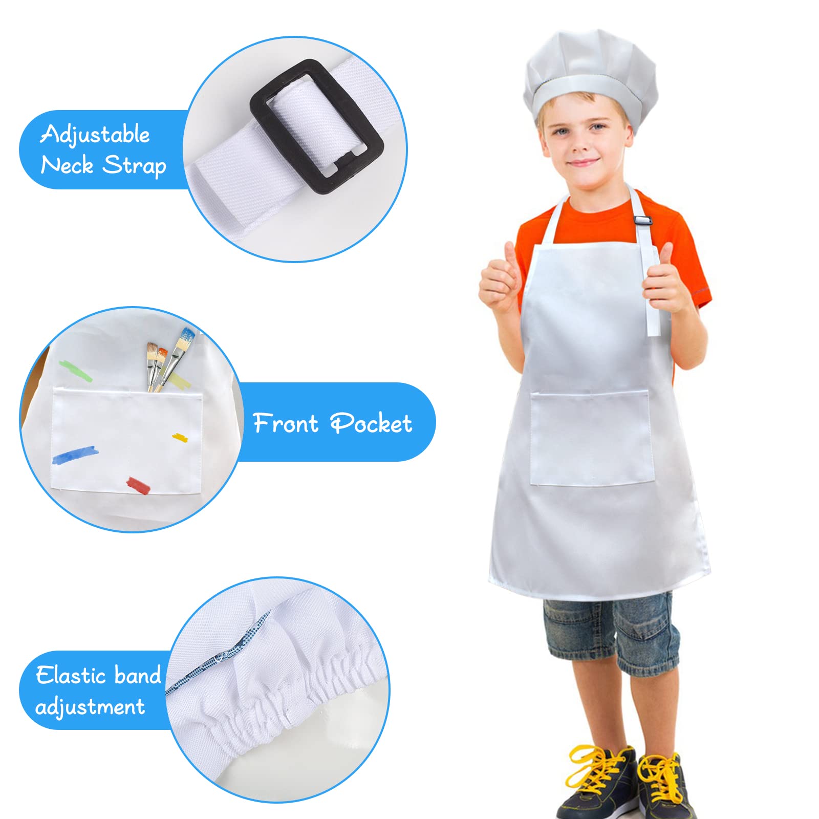Sunland Kids Apron And Hat Set Children Chef Apron For Cooking Baking Painting White(M:6-12 Years)